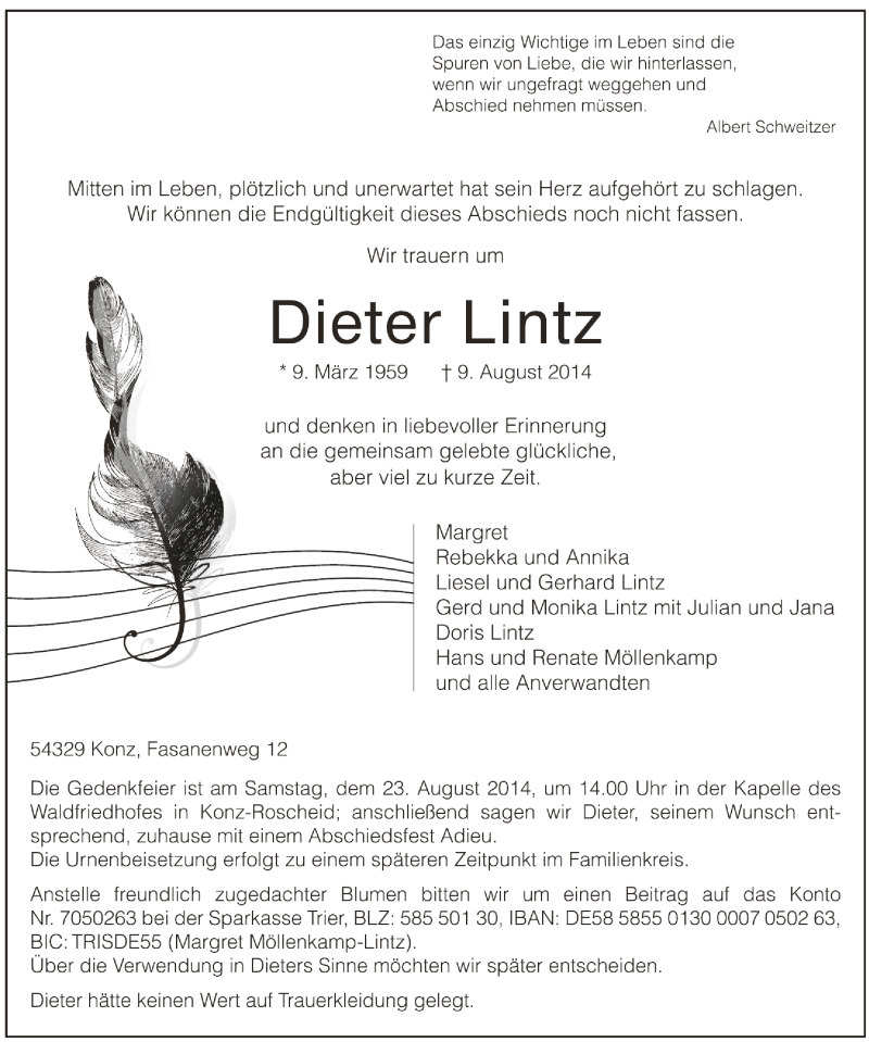  Traueranzeige für Dieter Lintz vom 15.08.2014 aus Trierischer Volksfreund